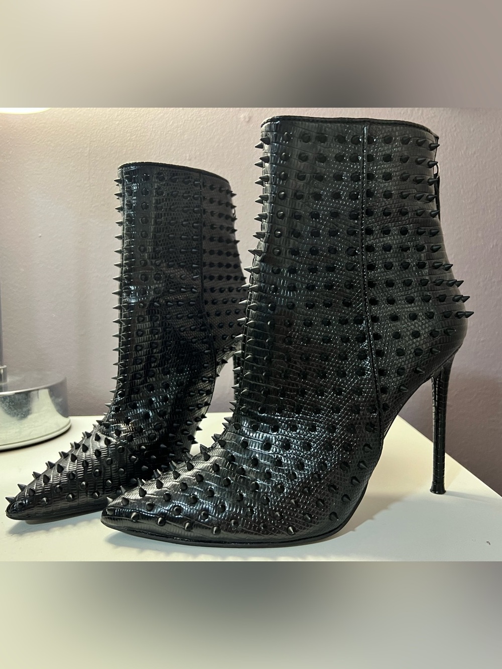 🖤 Steve Madden Via-S Black Croc Spiked Punk Rocker Pointed Stiletto Ankle Boots